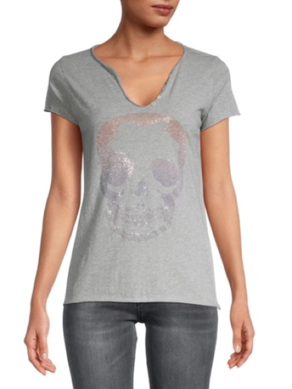 Zadig & Voltaire Tunisien Embellished Skull Tee Melange Gray Rhinestone Top S
